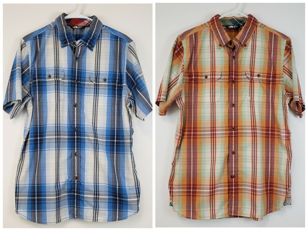 The North Face Shirt Adult Medium Red Blue Plaid Button Up Short Sleeve Lot Of 2
